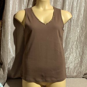 Crazy Horse Tank Top Dark Brown XL Pullover Stretchy V-neck Cotton Sequin